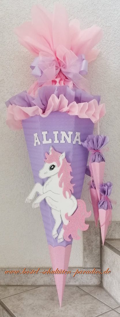 Schultüten Bastelset Einhorn Pony flieder-rosa-weiß-Glitter mit 3 kleinen Tüten zum Anhängen