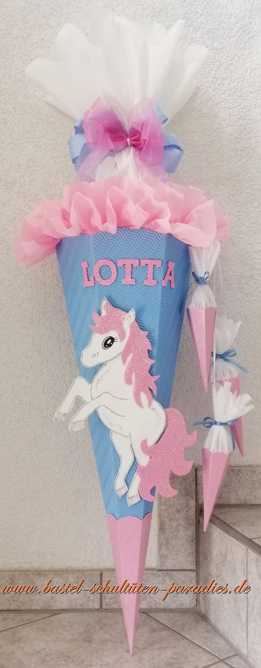 Schultüten Bastelset Einhorn Pony  hellblau-rosa-weiß-Glitter mit 3 kleinen Tüten zum Anhängen