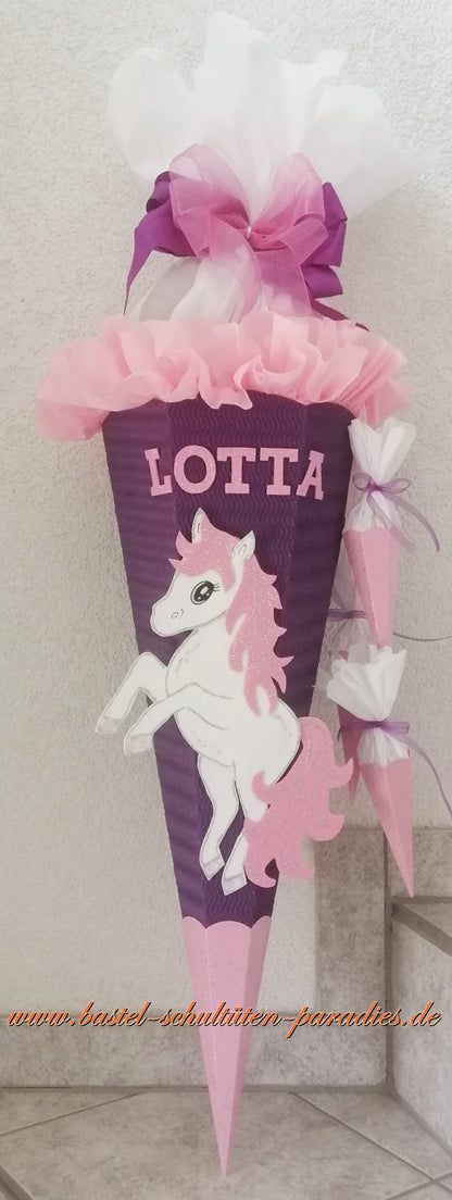 Schultüten Bastelset Einhorn Pony lila-rosa-weiß-Glitter mit 3 kleinen Tüten zum Anhängen