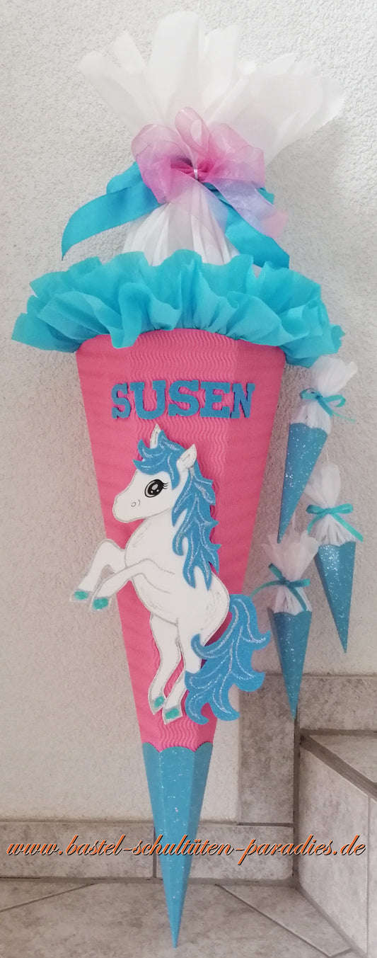 Schultüten Bastelset Einhorn Pony rosa-hellblau-weiß-Glitter mit 3 kleinen Tüten zum Anhängen