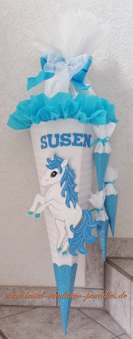 Schultüten Bastelset Einhorn Pony weiß-hellblau-Glitter mit 3 kleinen Tüten zum Anhängen