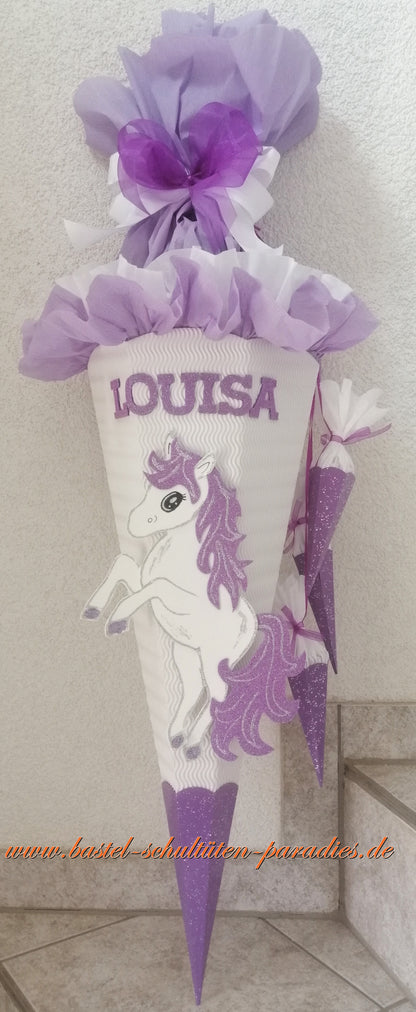 Schultüten Bastelset Einhorn Pony weiß-lila-Glitter mit 3 kleinen Tüten zum Anhängen