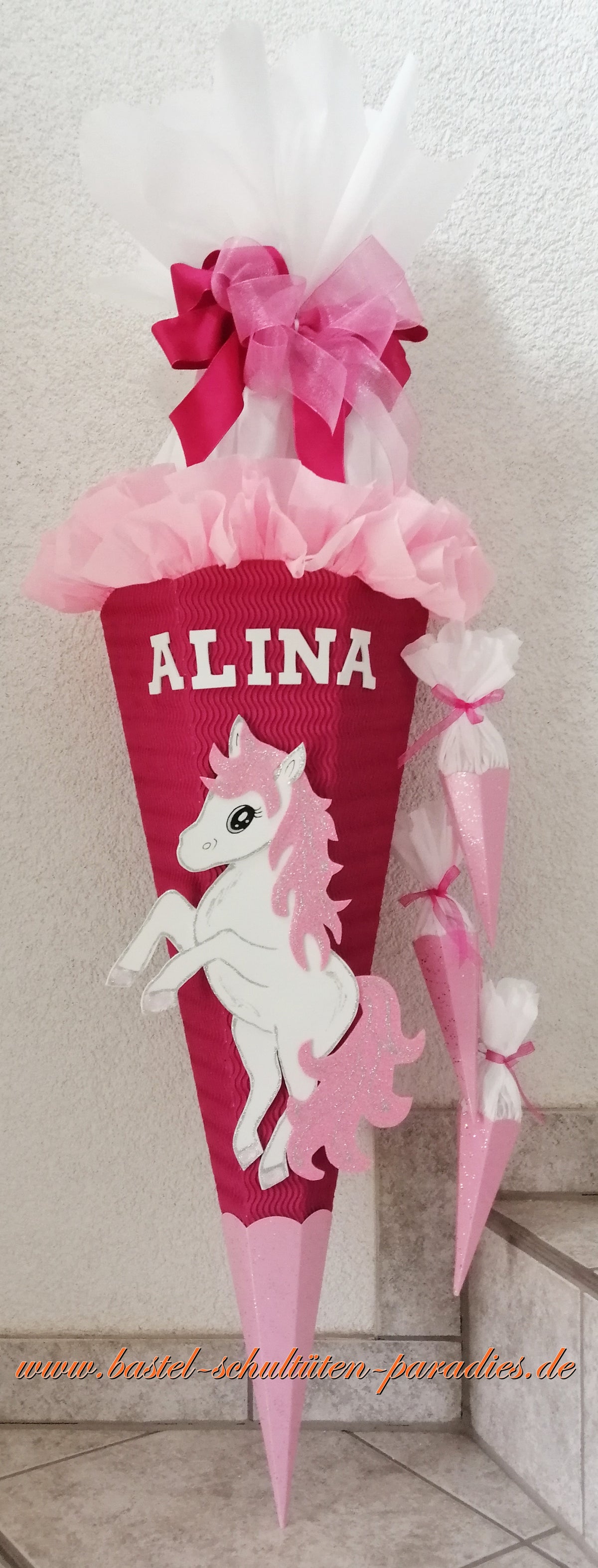 Schultüten Bastelset Einhorn Pony pink-rosa-weiß-Glitter mit 3 kleinen Tüten zum Anhängen