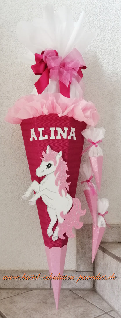 Schultüten Bastelset Einhorn Pony pink-rosa-weiß-Glitter mit 3 kleinen Tüten zum Anhängen