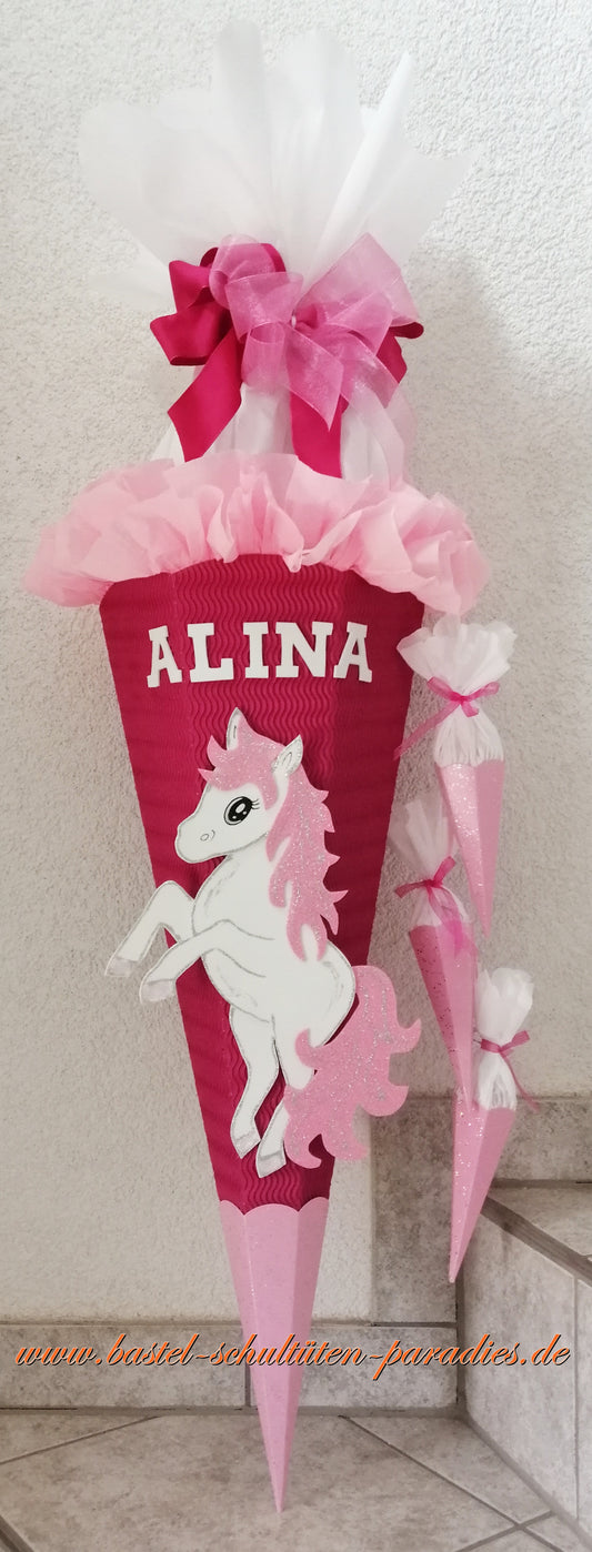Schultüten Bastelset Einhorn Pony pink-rosa-weiß-Glitter mit 3 kleinen Tüten zum Anhängen