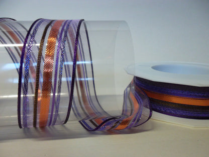 Dekoband lila kupfer gestreift mit Drahtkante 25mm breit 20M/Rolle