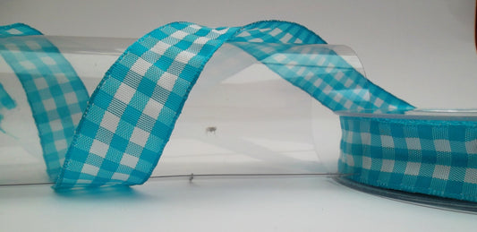 Dekoband türkis-weiß kariert mit Drahtkante 25mm breit 20M/Rolle