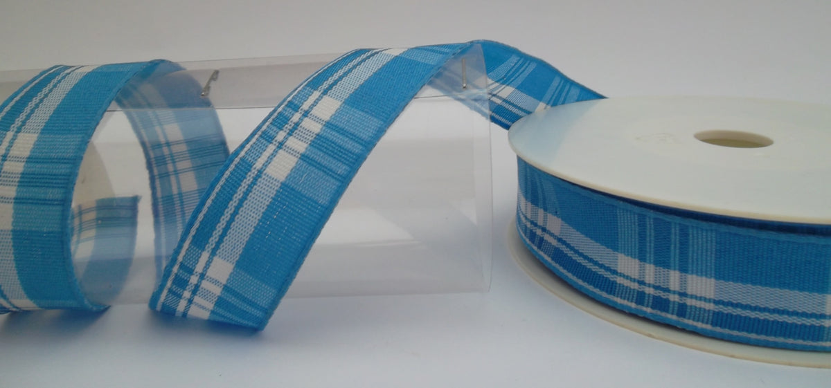 Dekoband blau-weiß kariert mit Drahtkante 25mm breit 25M/Rolle