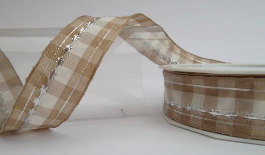 Dekoband beige-kariert mit Drahtkante 25mm breit 20M/Rolle