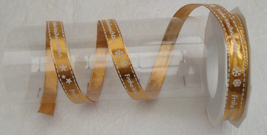 Dekoband "Frohe Weihnachten" mit Drahtkante gold15mm breit 20M/Rolle