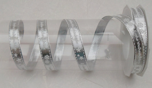 Dekoband "Frohe Weihnachten" silber mit Drahtkante 15mm breit 20M/Rolle