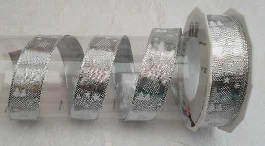 Dekoband Silber mit Bäumen und Sternen mit Drahtkante 25mm breit 20M/Rolle Weihnachten