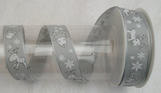 Dekoband silber mit Elchen und Sternen Drahtkante 25mm breit 20M/Rolle Weihnachten