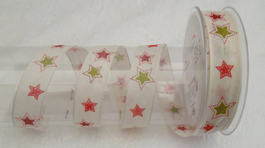 Dekoband creme mit Sternen und Drahtkante 25mm breit 20M/Rolle