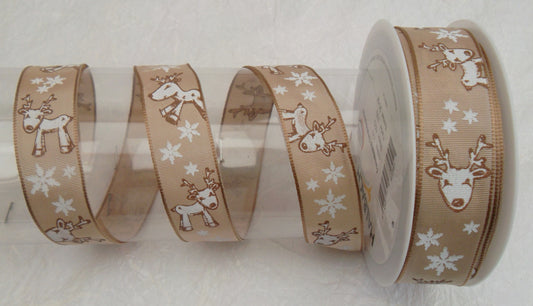 Dekoband gold mit Elchen und Sternen Drahtkante 25mm breit 20M/Rolle Weihnachten