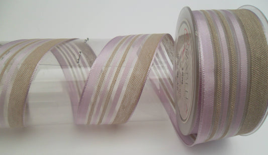 Dekoband lila beige gestreift mit Drahtkante 40mm breit 15M/Rolle