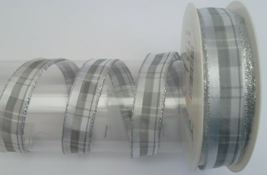Dekoband silber-karriert mit Drahtkante 20mm breit 20M/Rolle