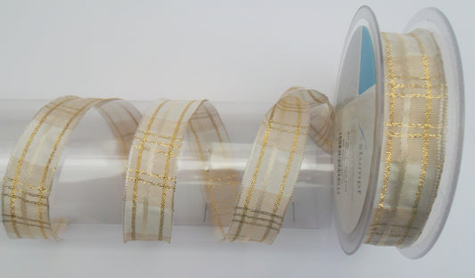 Dekoband creme/gold karriert mitDrahtkante 25mm breit 20M/Rolle