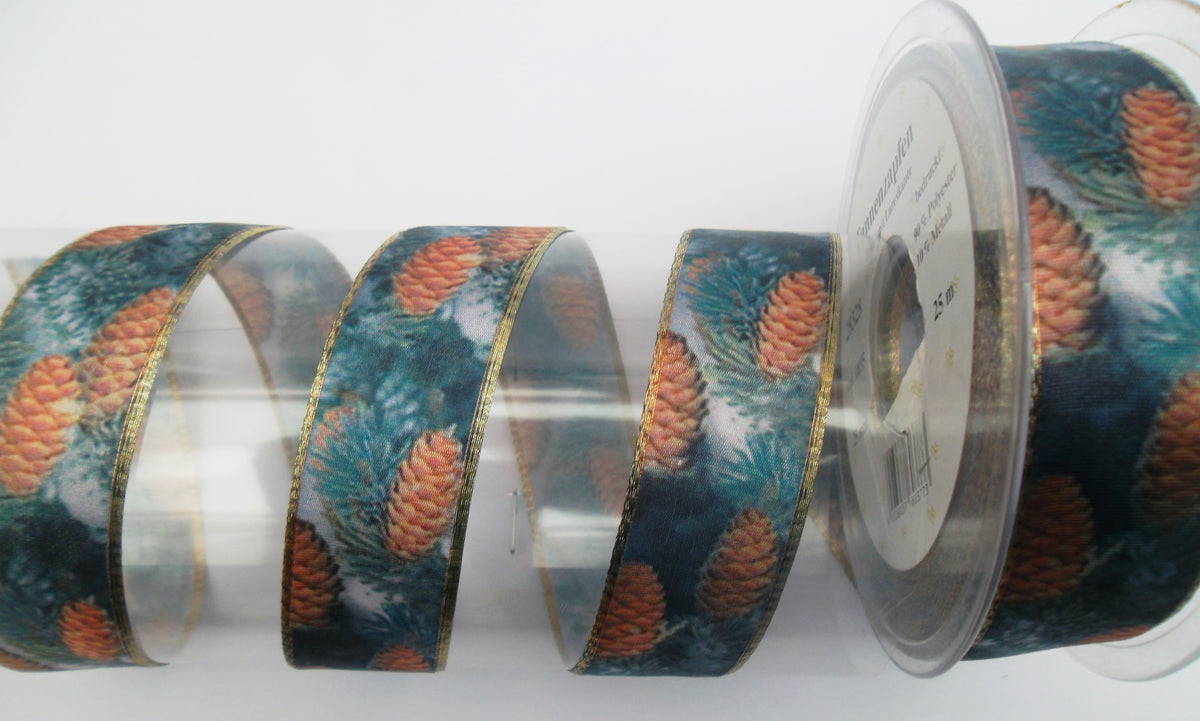 Dekoband Zapfen grün-gold mit Drahtkante 25mm breit 25M/Rolle