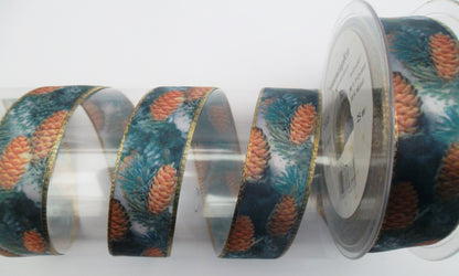 Dekoband Zapfen grün-gold mit Drahtkante 25mm breit 25M/Rolle