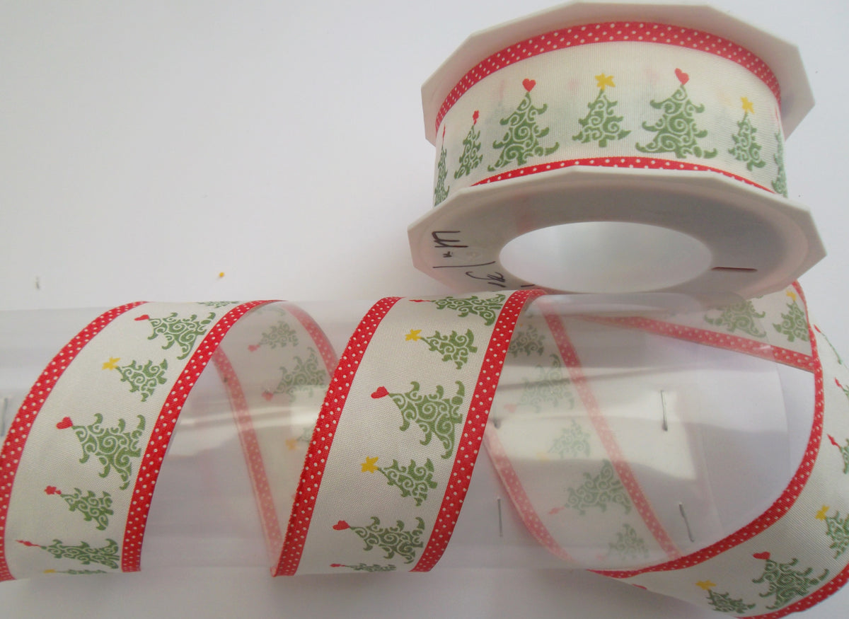 Dekoband weiß-rot-grün mit Tannenbäumchen , Drahtkante 40mm breit 20M/Rolle