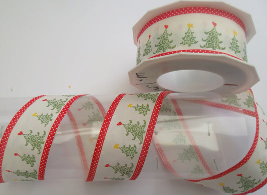 Dekoband weiß-rot-grün mit Tannenbäumchen , Drahtkante 40mm breit 20M/Rolle