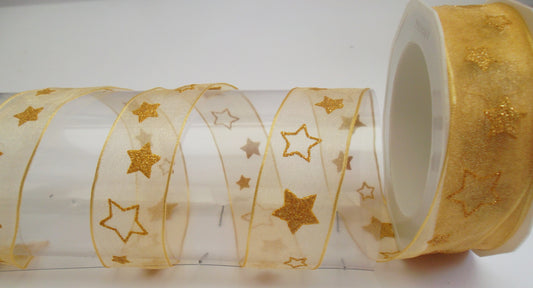 Dekoband Organza gold mit Sternen und Drahtkante 25mm breit 15M/Rolle