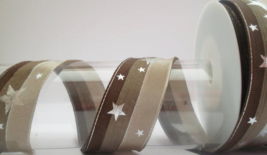 Dekoband braun-beige mit Sternen, Drahtkante 35mm breit 20M/Rolle
