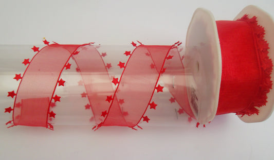 Dekoband rot Organza mit Sternenkante 38mm breit 15M/Rolle