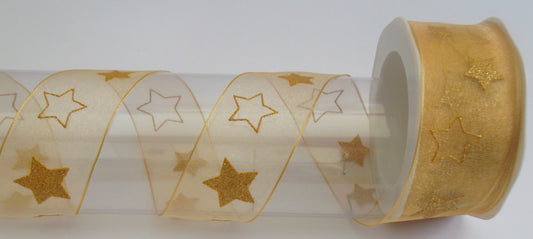 Dekoband Organza gold mit Sternen und Drahtkante 38mm breit 15M/Rolle