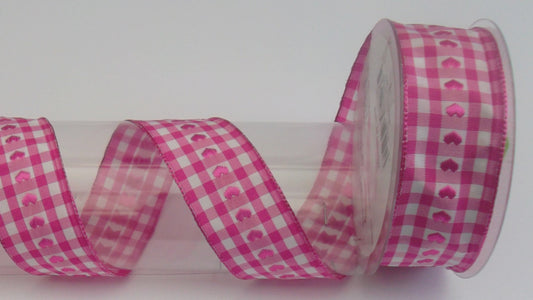 Dekoband kariert pink mit Herzen und Drahtkante 40mm breit 15M/Rolle
