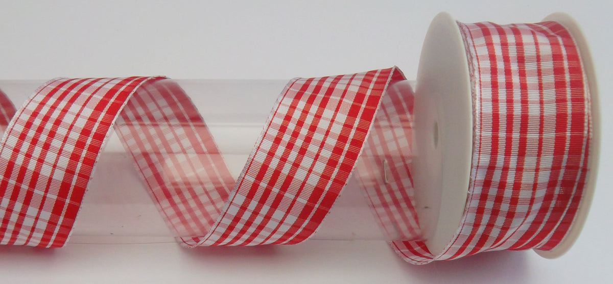 Dekoband rot-weiß-kariert mit Drahtkante 40mm breit 20M/Rolle