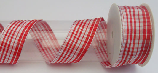 Dekoband rot-weiß-kariert mit Drahtkante 40mm breit 20M/Rolle