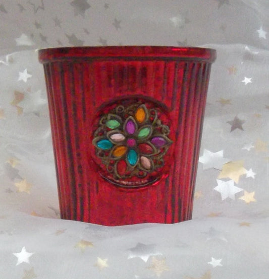Teelichtglas mit Strass-Ornament 7x7cm rot