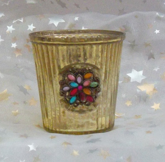 Teelichtglas mit Strass-Ornament 7x7cm gold