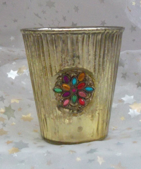 Teelichtglas mit Strass-Ornament 10x11cm gold