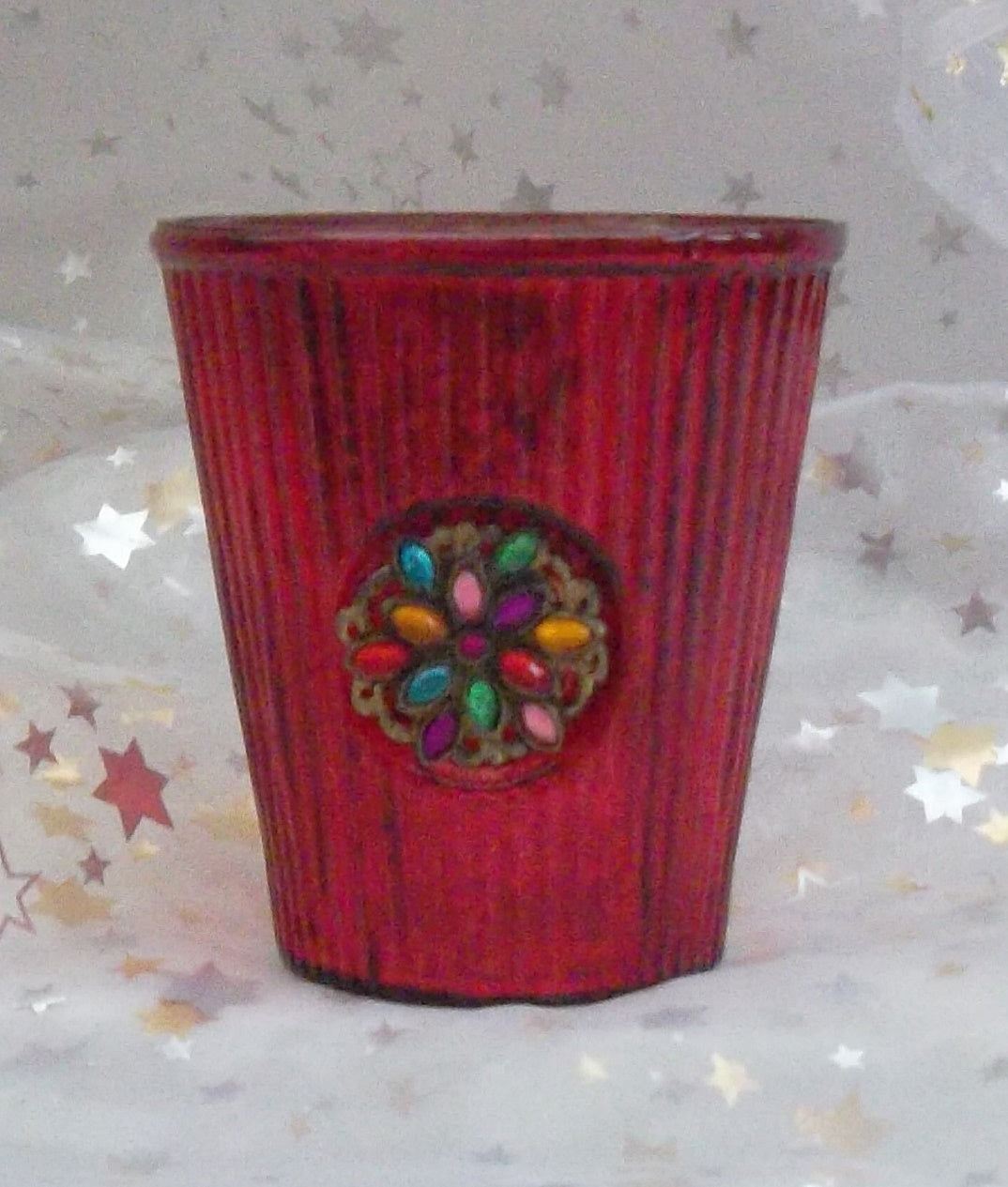 Teelichtglas mit Strass-Ornament 10x11cm rot