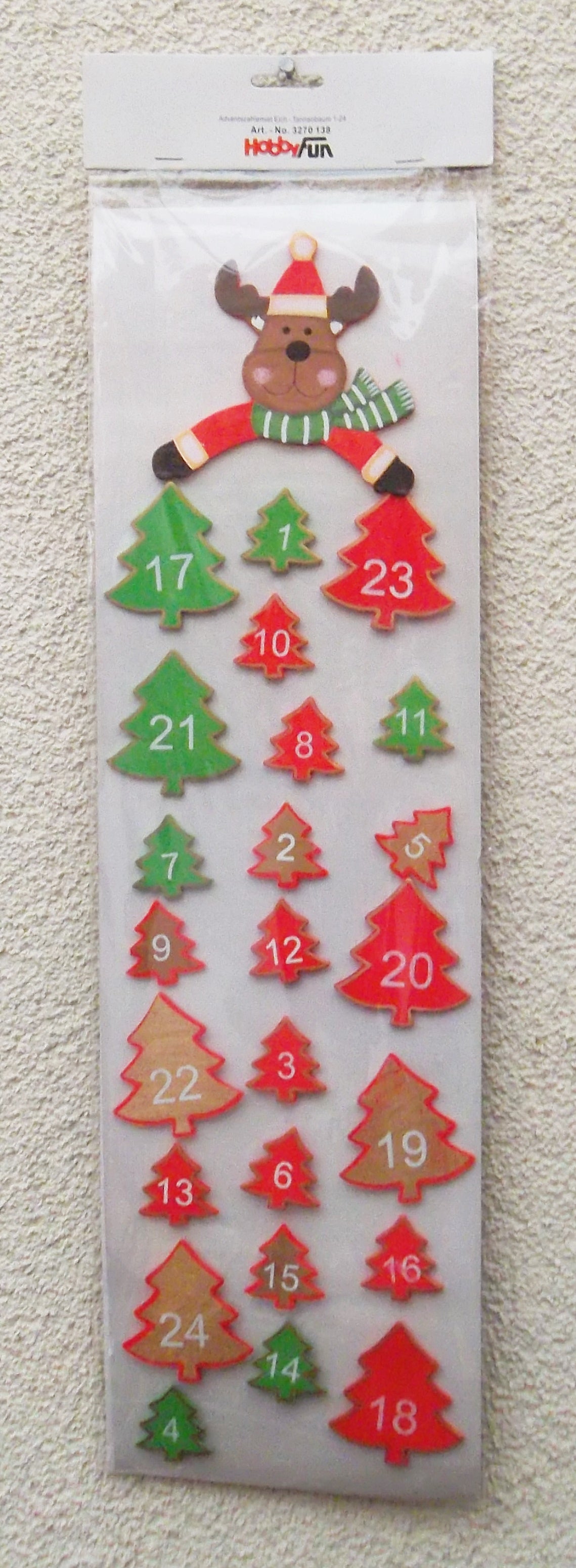 Weihnachts-Kalender Zahlen 1-24  Holz Elch mit Bäumen rot-grün