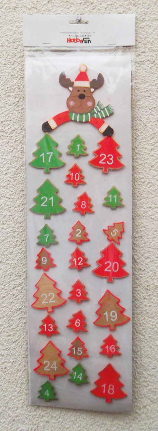 Weihnachts-Kalender Zahlen 1-24  Holz Elch mit Bäumen rot-grün