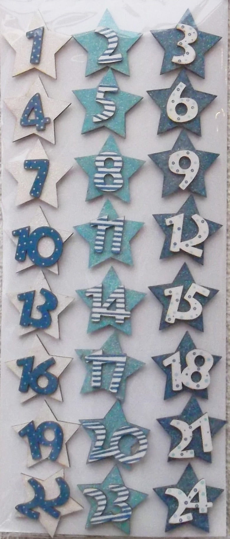 Weihnachts-Kalender Zahlen 1-24  Sterne Glitter weiß-blau