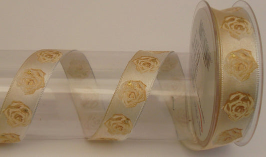 Dekoband creme/gold Rosen mit Drahtkante 25mm breit 20M/Rolle