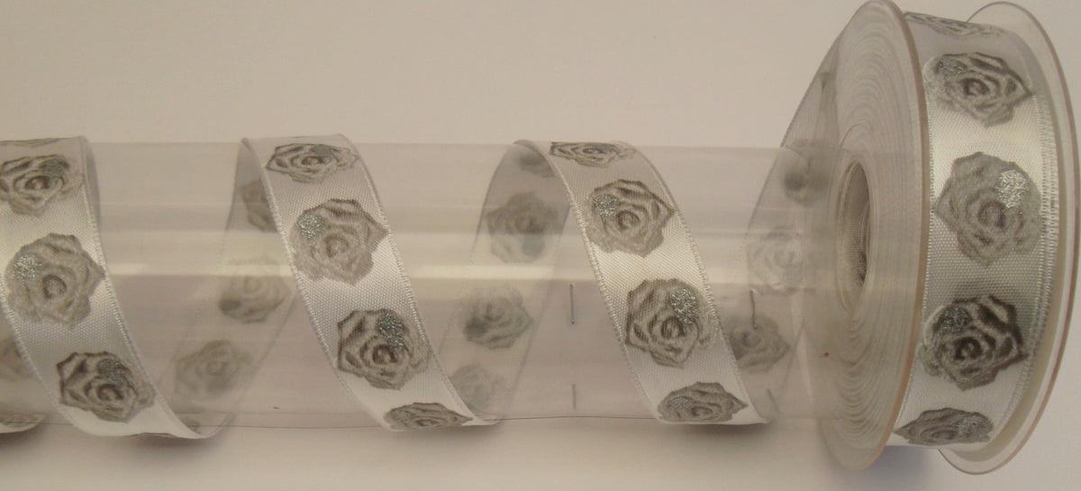 Dekoband weiß/silber Rosen mitDrahtkante 25mm breit 20M/Rolle