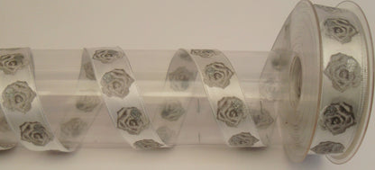 Dekoband weiß/silber Rosen mitDrahtkante 25mm breit 20M/Rolle