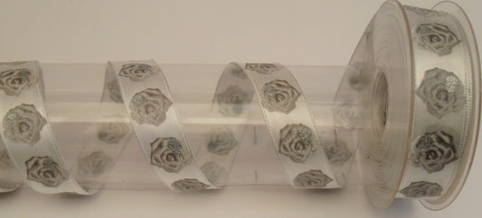 Dekoband weiß/silber Rosen mitDrahtkante 25mm breit 20M/Rolle