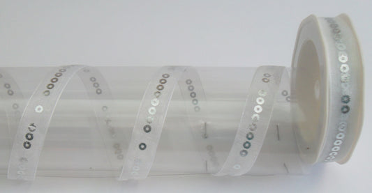 Dekoband Organza weiß-silber 15mm breit 20M/Rolle