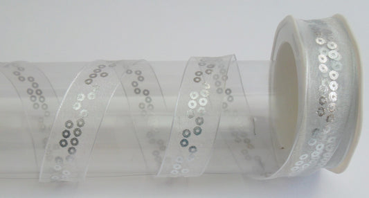 Dekoband Organza weiß silber mit Drahtkante 25mm breit 15M/Rolle