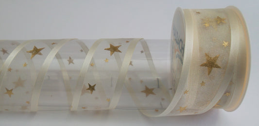 Dekoband Organza creme-gold mit Sternen 40mm breit 25M/Rolle
