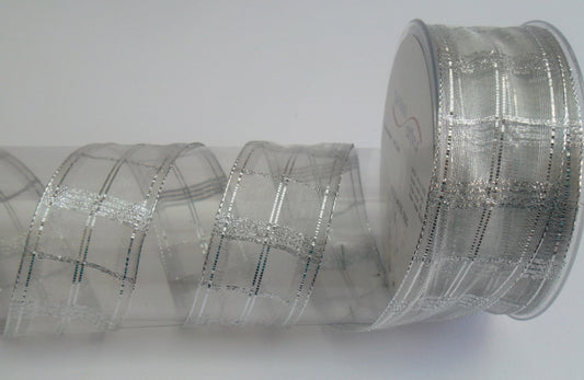 Dekoband silber karriert mit Drahtkante 40mm breit 20M/Rolle