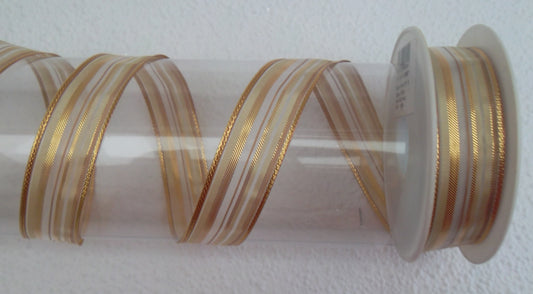 Dekoband creme-gold mit Drahtkante 25mm breit 20M/Rolle
