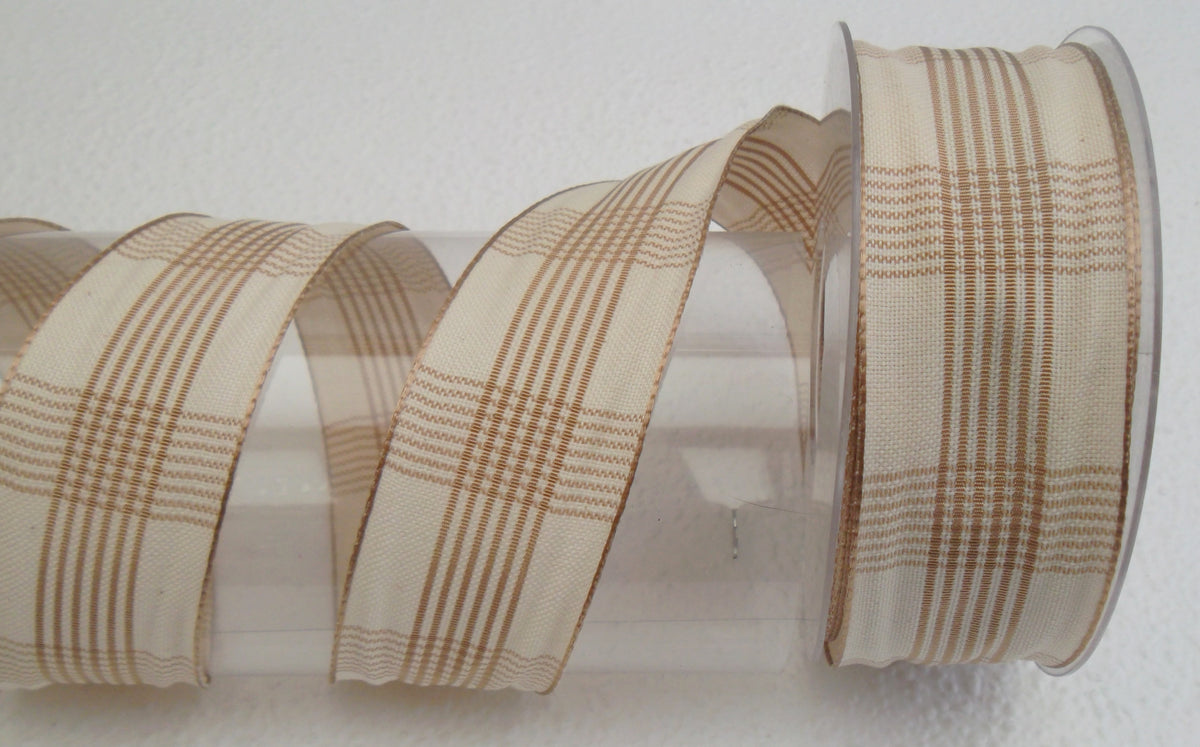 Dekoband creme-braun-kariert mit Drahtkante 40mm breit 20M/Rolle